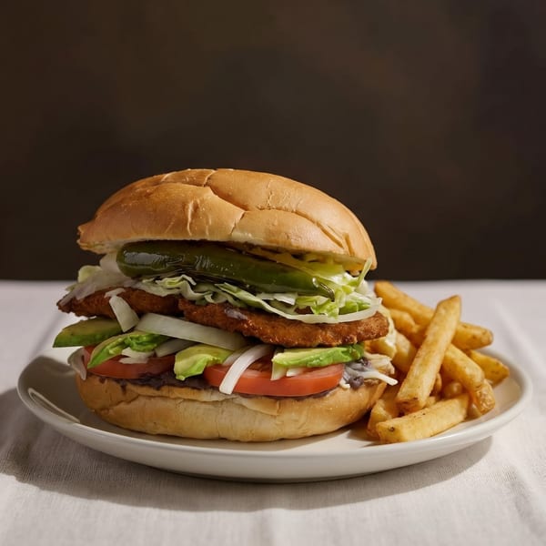 A torta sandwich with fried chicken, avocado, tomato, onion, lettuce, and a whole jalapeño, served with fries.