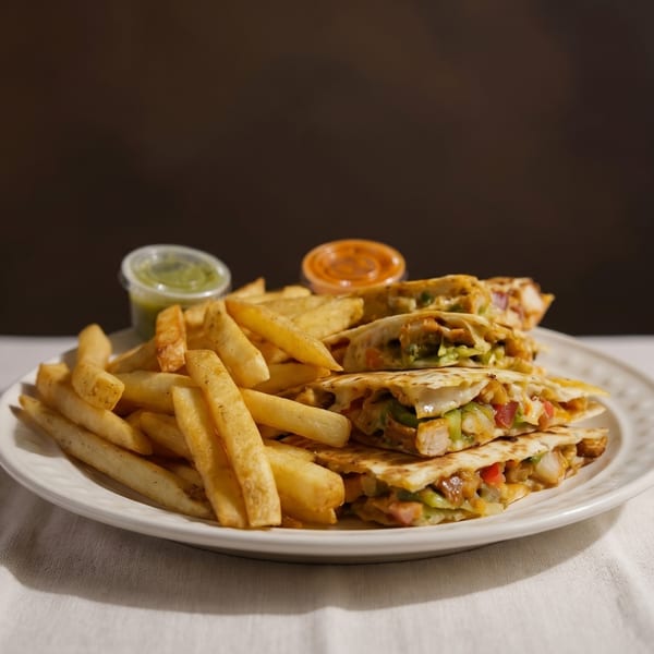 A plate of chicken quesadillas with bell peppers and onions, served with french fries and dipping sauces.