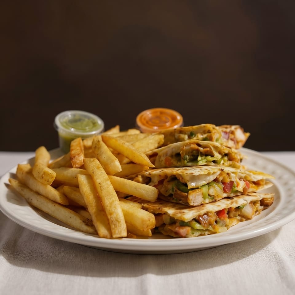 A plate of chicken quesadillas with bell peppers and onions, served with french fries and dipping sauces.