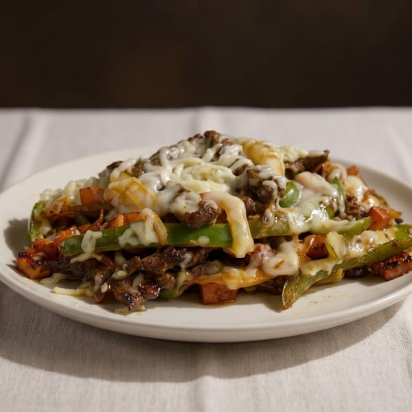 Cheesy steak fajita with green peppers and onions on a white plate.