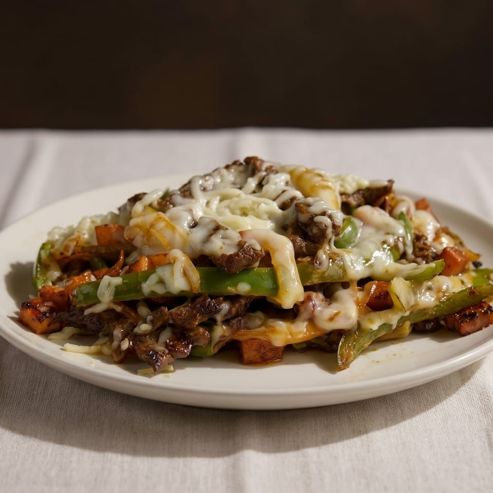 Cheesy steak fajita with green peppers and onions on a white plate.