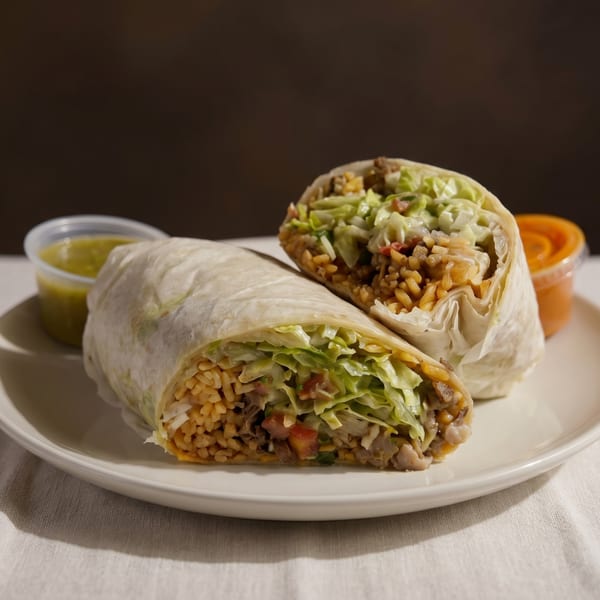 Two halves of a large burrito filled with rice, meat, and lettuce, served with two dipping sauces.