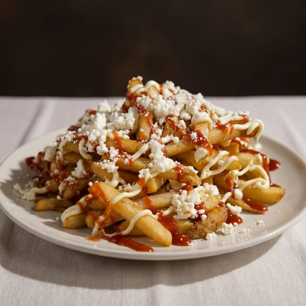 A plate of golden french fries topped with crumbled feta cheese, ketchup, and mayonnaise.