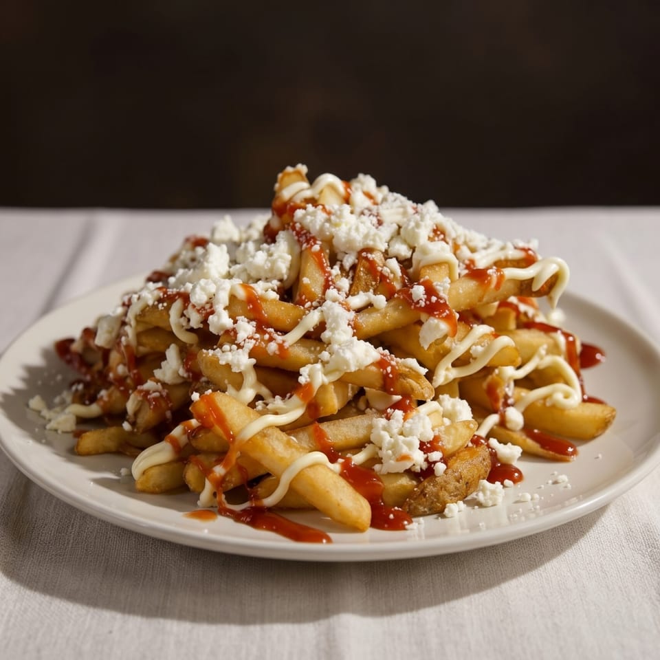 A plate of golden french fries topped with crumbled feta cheese, ketchup, and mayonnaise.