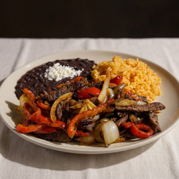 Steak fajitas with red peppers and onions, served with yellow rice and black beans.